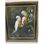 A modern oil painting of parrots in gilt frame