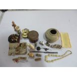 A quantity of oriental items small items to include padlock, miniature figures, beads, late 19th