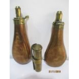 A Sykes patent copper and brass powder flask (A/F) along with a similar James Dixon & Sons flask and