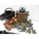 A quantity of various copper, brass and pewter items including goblets, coal bucket etc