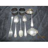 A small amount of silver cutlery, a Madeira label and two serviette rings, total weight 181.2 g