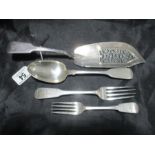 A fish slice, serving spoon and two forks, all hallmarked silver, total 323.6g