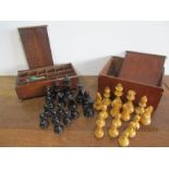 A vintage chess set along with a box of gaming counters in mahogany case ( boxes A/F)