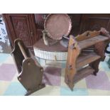 A retro sewing box, magazine rack and shelves along with a copper tray, flat iron etc.