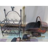 A copper coal scuttle etc, cast iron wine rack, fire irons etc