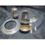 A pair of hallmarked silver salts,pepperette, sugar sifter, SCM serviette ring etc.