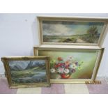 Three oil paintings, M M Bailey still life, N Henderson and R W Taylor landscapes