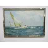 A framed print of a sailing yacht " Neck and Neck" by Montague Dawson in a mirrored Art Deco frame