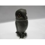 A 19th century novelty pounce pot in the form of an owl with glass eyes