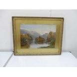 J Barrett signed watercolour of a river and woodland scene