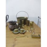 A copper vase, brass jam pan and a quantity of various brass ware