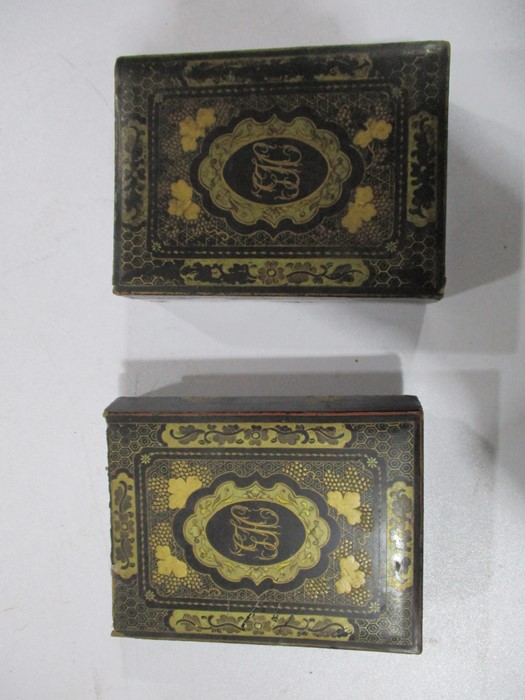 A parquetry tea caddy along with a pair of papermache games counter boxes with gilded decoration, - Image 8 of 13