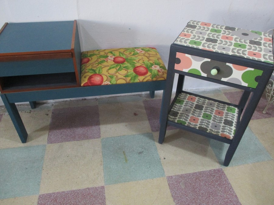 A painted telephone table along with a painted bedside table