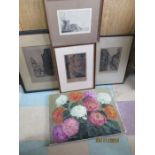 Four engravings along with an oil painting of a still life signed Rona Margach