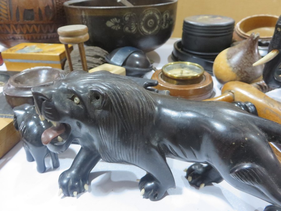 A box of wooden ware items to include carved animal figures, hand painted Russian box etc - Image 11 of 14