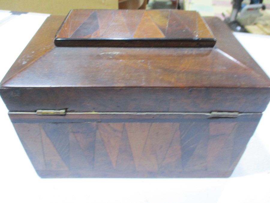 A parquetry tea caddy along with a pair of papermache games counter boxes with gilded decoration, - Image 6 of 13