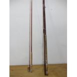 A three piece fibre fishing rod and a two piece fly rod along with a Riley snooker cue