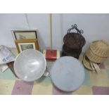 A quantity of miscellaneous items including wicker, heat lamps, pictures, stair rods etc