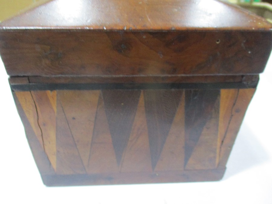 A parquetry tea caddy along with a pair of papermache games counter boxes with gilded decoration, - Image 4 of 13