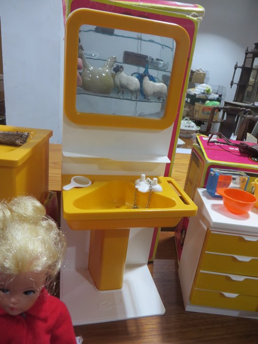 A vintage Sindy doll and collection of mainly boxed furniture including hair dryer, rocker, bed, - Image 7 of 18