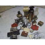 A collection of miscellaneous items including Western German vase, oil lamps, binoculars,