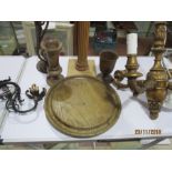 A collection of wooden and metal items including breadboard, light fittings etc.