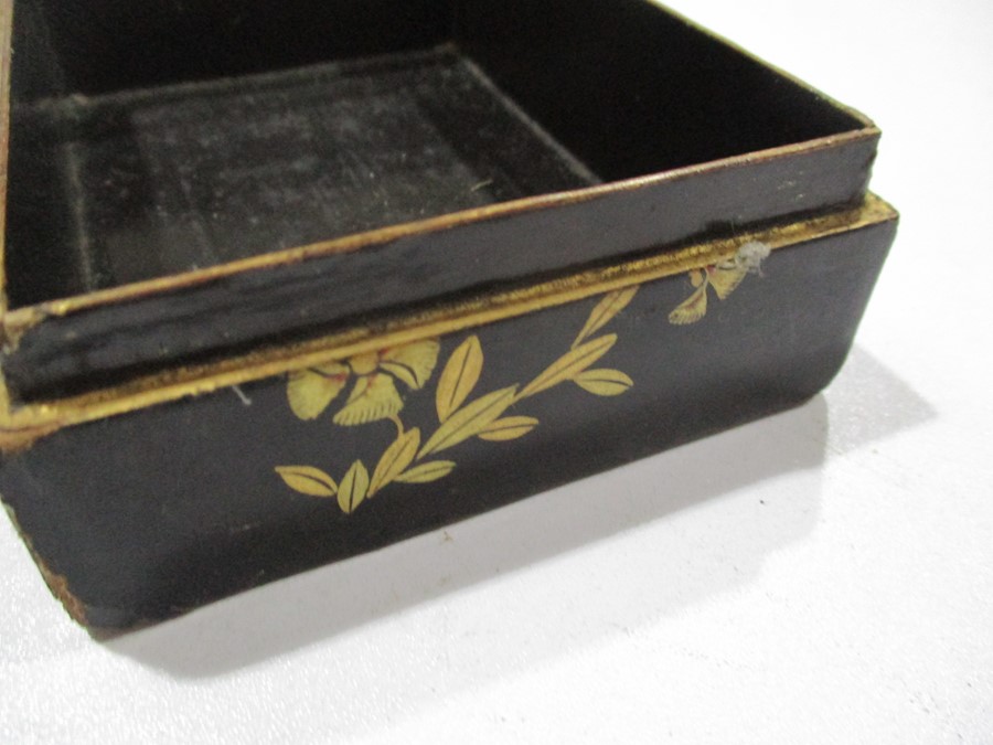 A parquetry tea caddy along with a pair of papermache games counter boxes with gilded decoration, - Image 11 of 13