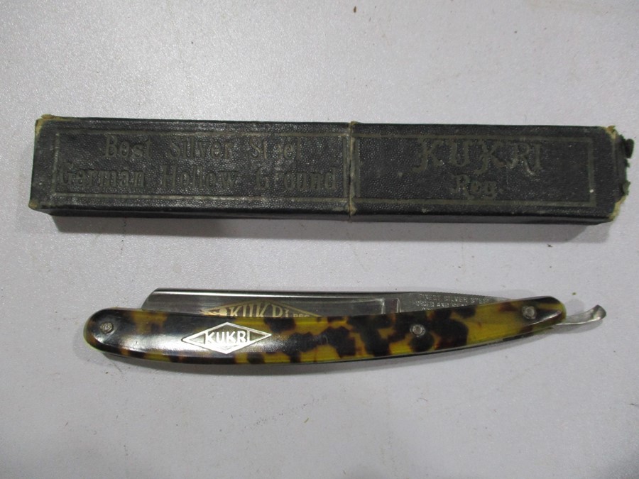 Two cut throat razors, strop, lighter, tin etc. - Image 2 of 9