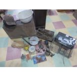 A quantity of miscellaneous items including a wooden case, vintage hanging scale, fishing reels,