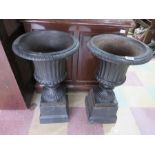 A pair of cast iron urns on plinths