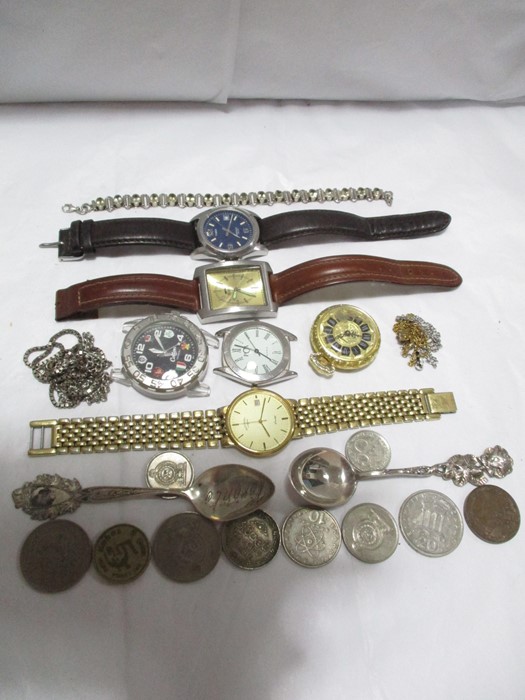 A collection of items including silver necklaces, bracelet, spoon, watches etc.