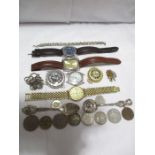 A collection of items including silver necklaces, bracelet, spoon, watches etc.