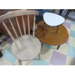 A small oak coffee table, stick back chair and a small pebble shaped coffee table