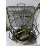 A set of brass fire irons jam pan, fireguard etc.