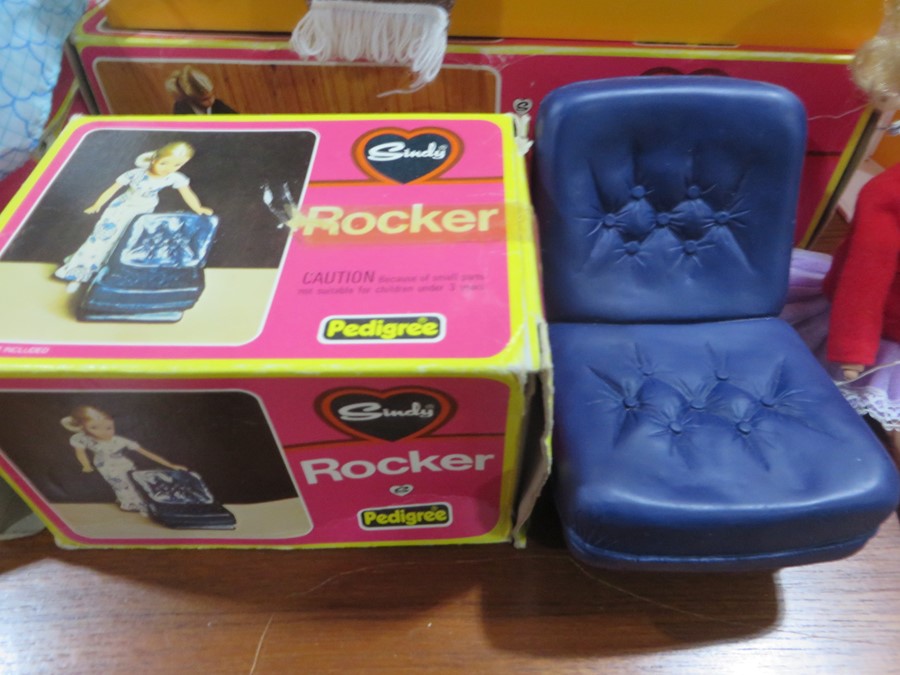 A vintage Sindy doll and collection of mainly boxed furniture including hair dryer, rocker, bed, - Image 3 of 18