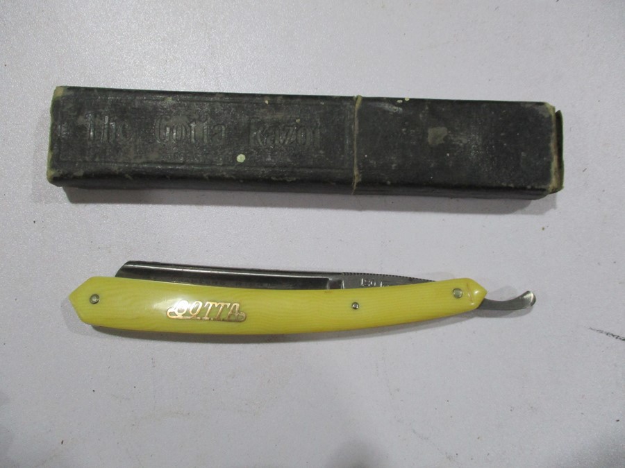 Two cut throat razors, strop, lighter, tin etc. - Image 4 of 9