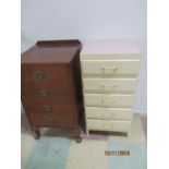 A small vintage chest of five drawers along with a mahogany bedside chest of four drawers