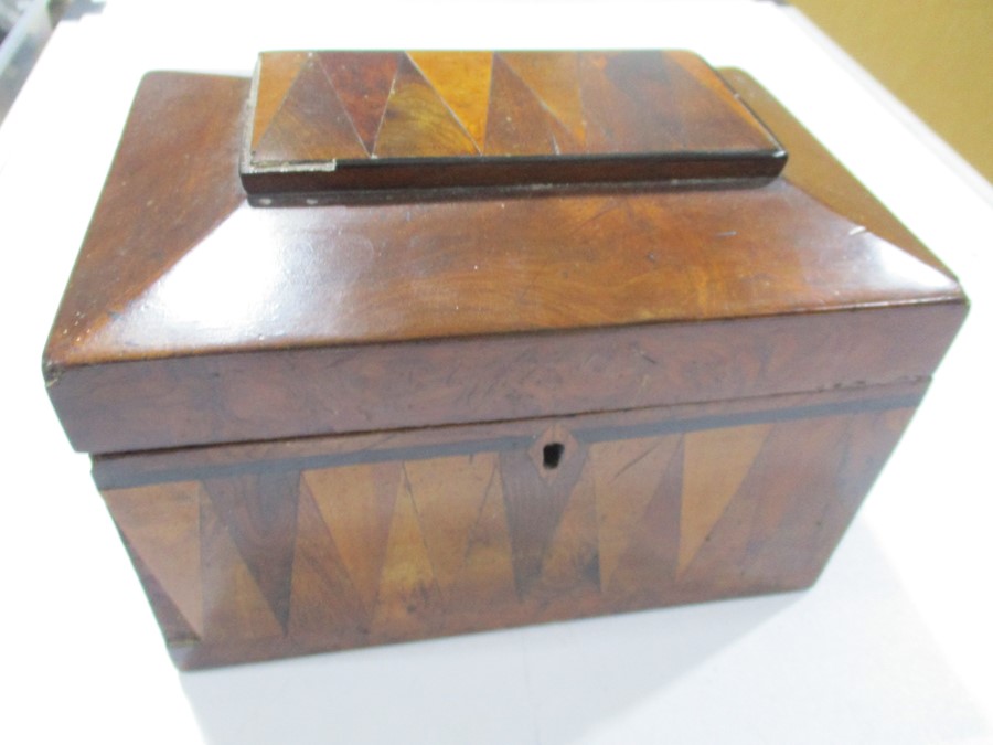 A parquetry tea caddy along with a pair of papermache games counter boxes with gilded decoration, - Image 2 of 13