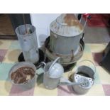 A quantity of galvanised items including chicken feeders, buckets and watering can