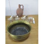 An antique terracotta olive jar, brass oval planter and a pair of glass wall lights with drops