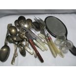 A silver serving spoon along with a quantity of silver plated cutlery, Esterbrook pen and mirror