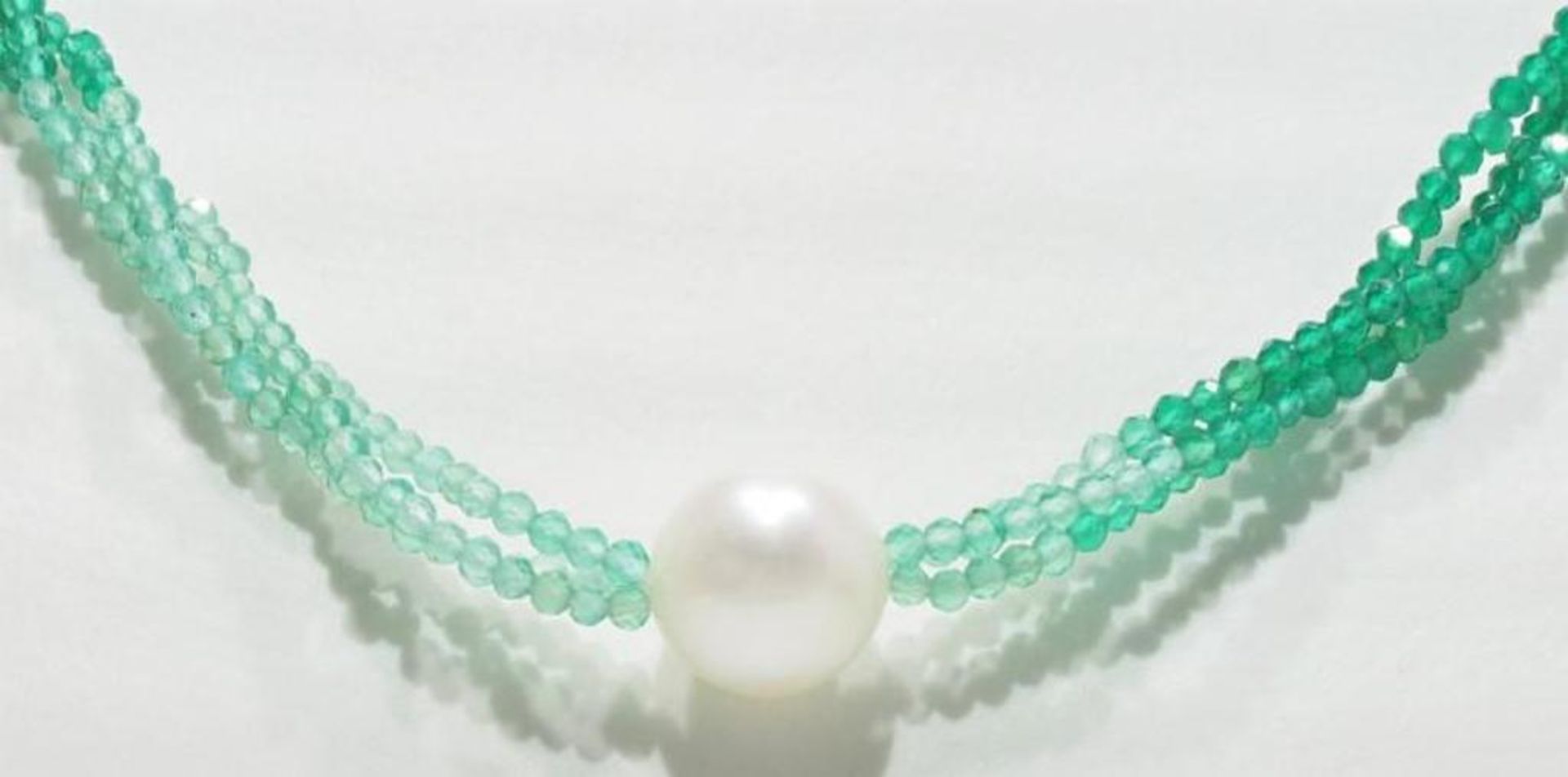 Sterling Silver Graduated Green Agate Freshwater Pearl Triple Strand Necklace. Insurance Value $400