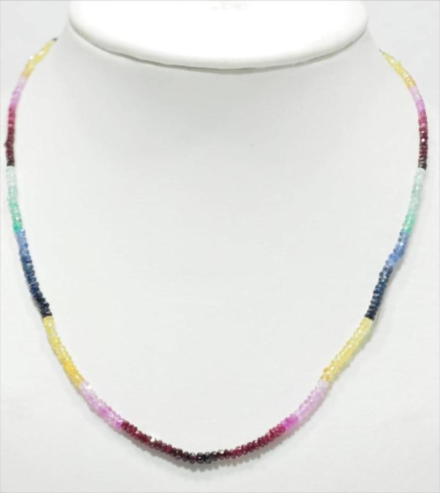 14K Yellow Gold Ruby, Sapphire and Emerald (total 30ct) Rainbow Bead Necklace. Insurance Value $2890 - Image 2 of 4