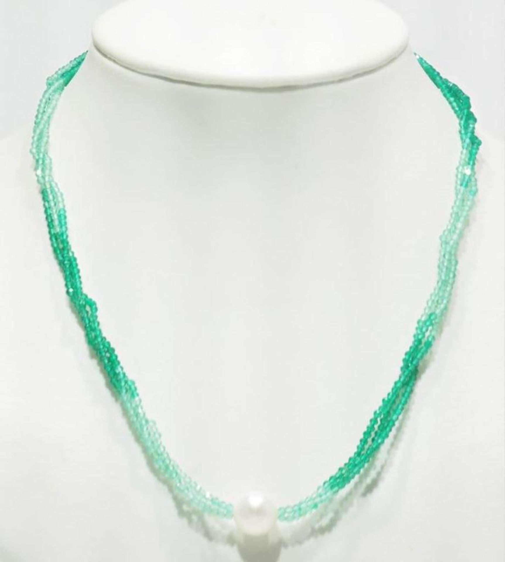 Sterling Silver Graduated Green Agate Freshwater Pearl Triple Strand Necklace. Insurance Value $400 - Image 2 of 2