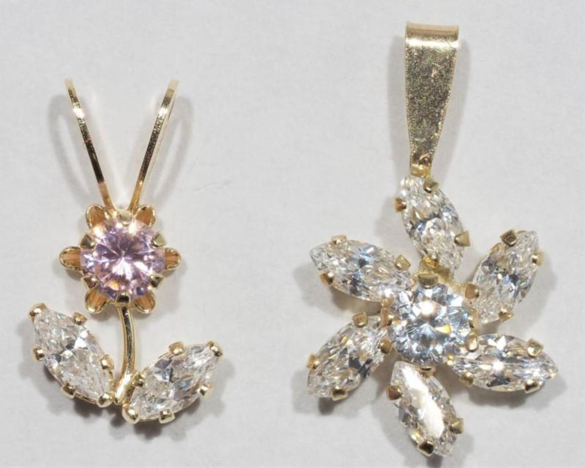 2 10K Yellow Gold Cubic Zirconia Pink Flower Shaped Pendants Retail $200