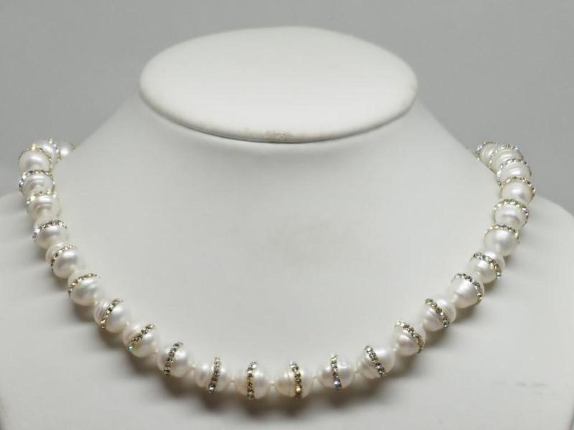 Sterling Silver Fresh Water Pearl Cubic Zirconia Studded Band Necklace Retail $400