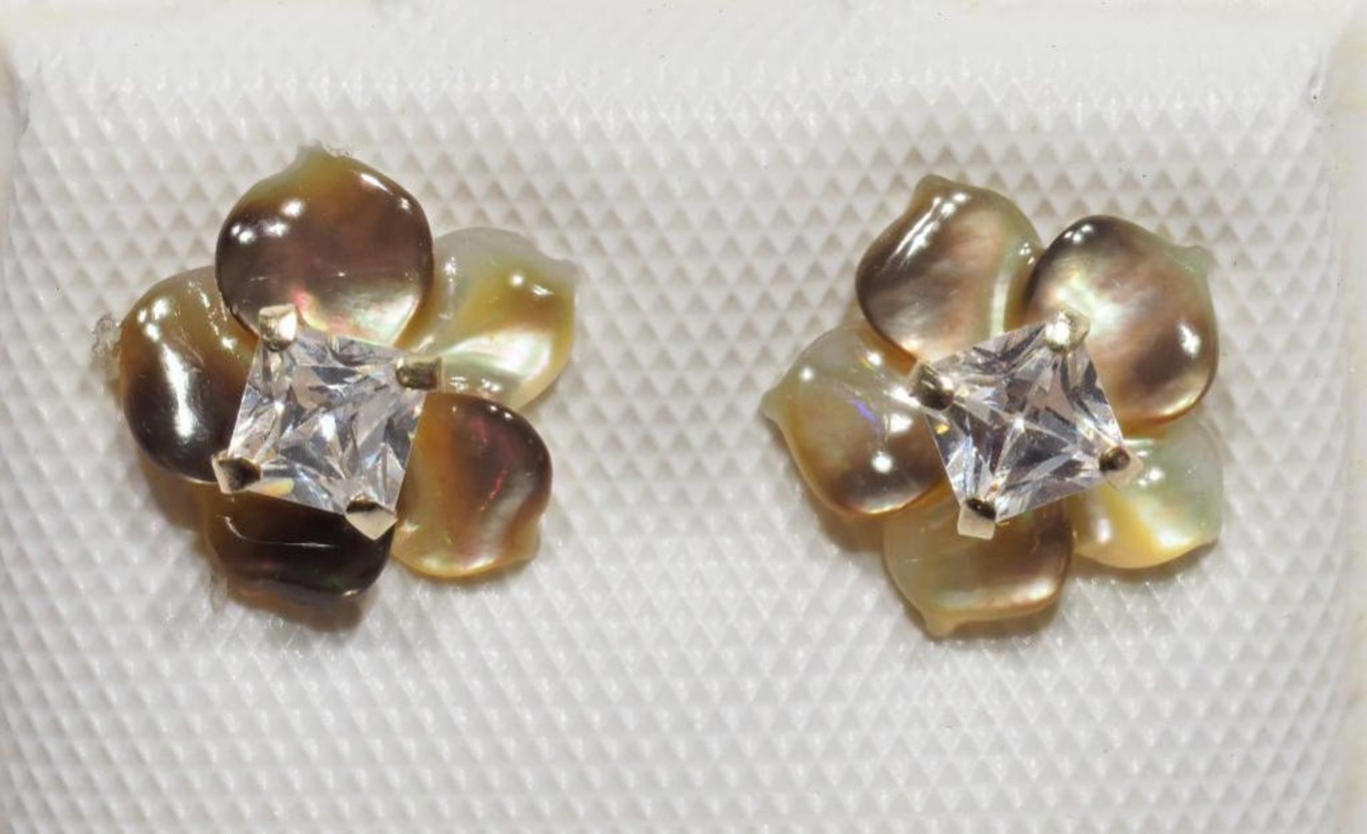 14kt Cubic Zirconia Earrings with Mother of Pearl Flower Jacket 2 in 1 Earrings. Retail $200