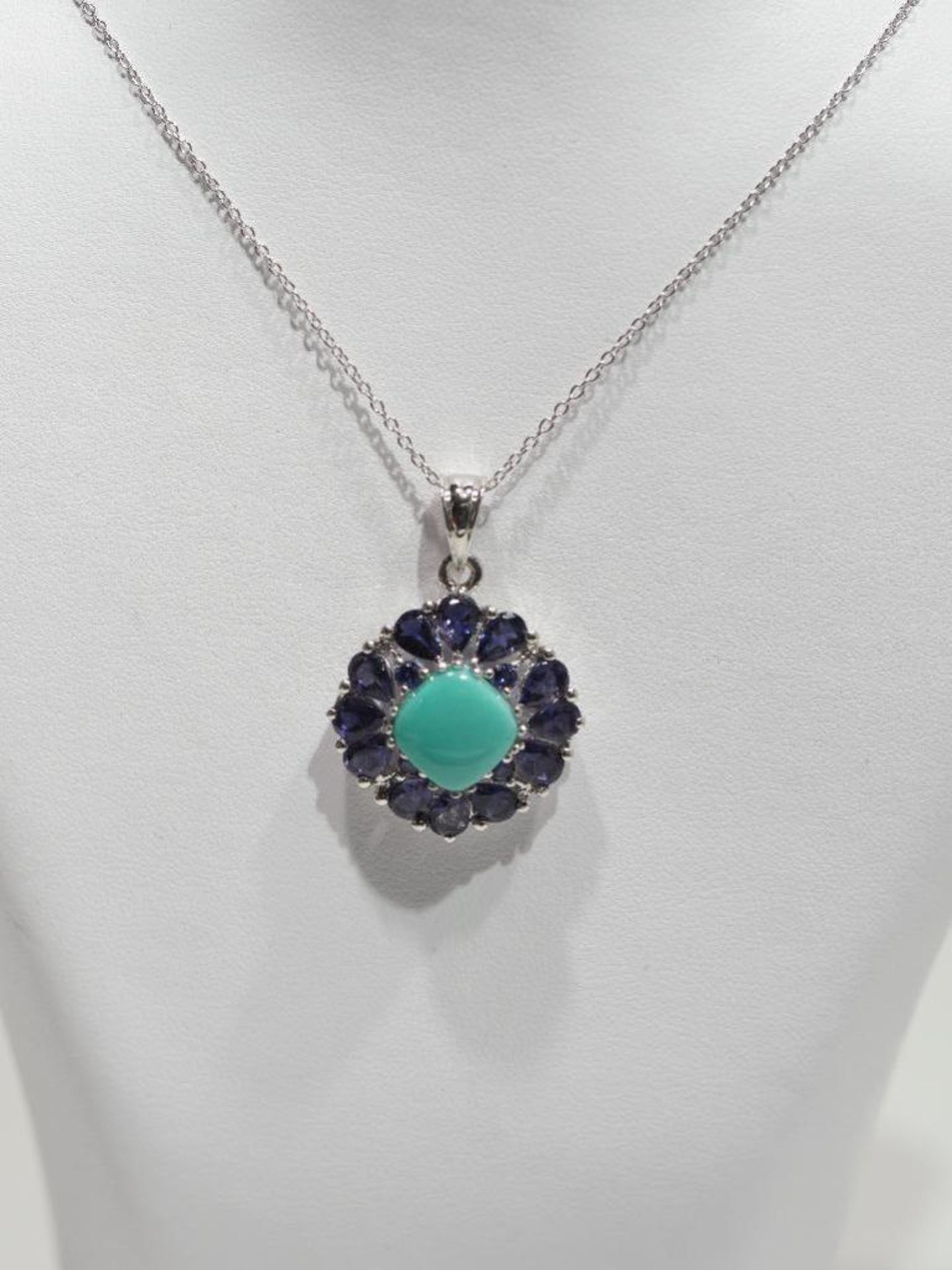 Sterling Silver Stabilized Turquoise & Iolite Pendant Necklace. Retail $300 - Image 3 of 3