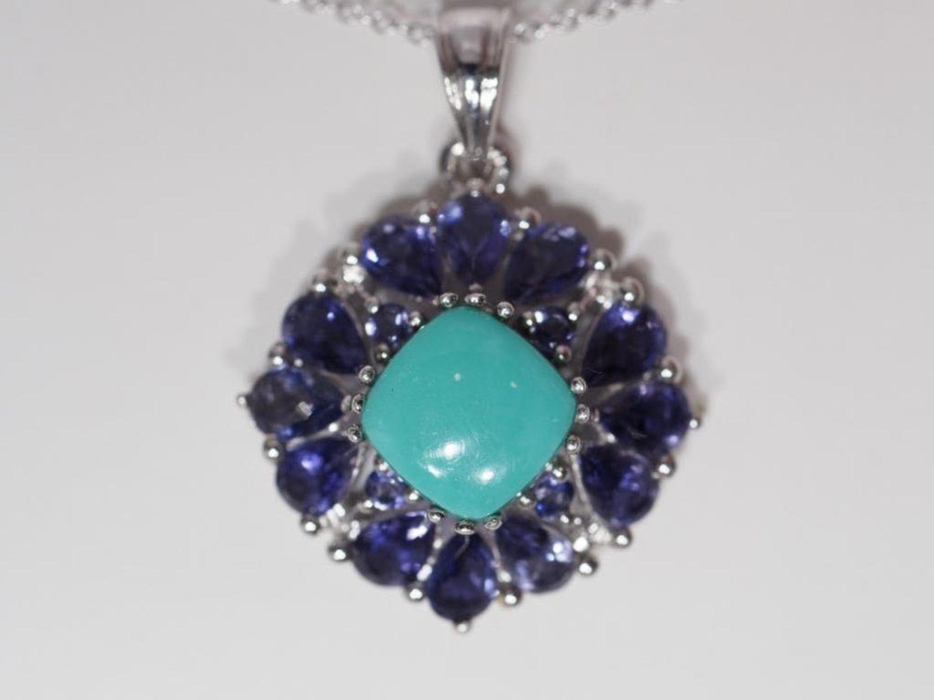 Sterling Silver Stabilized Turquoise & Iolite Pendant Necklace. Retail $300 - Image 2 of 3