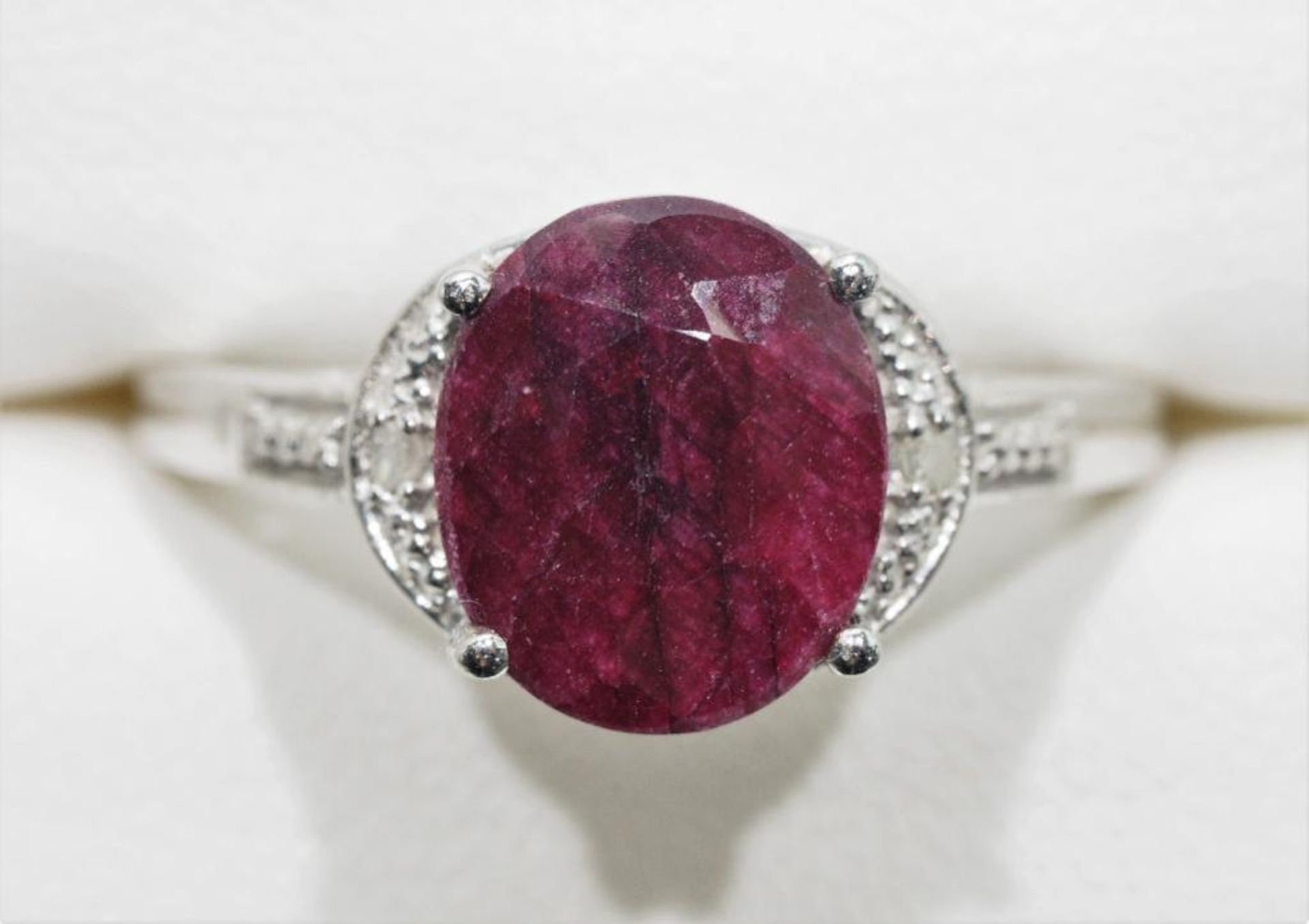 Sterling Silver Ruby (app. 3ct) with 2 Diamond Ring. Retail $300